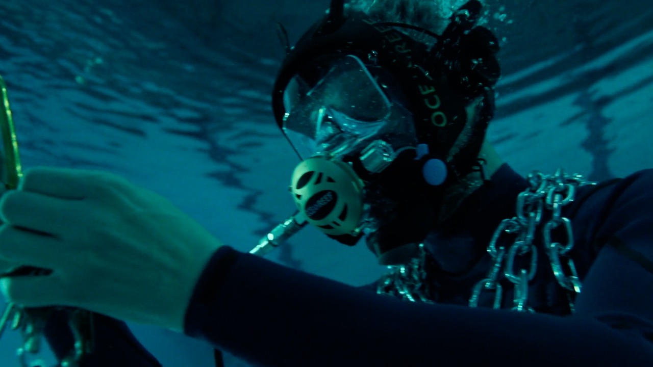 Full Face Diver Chained in Pool with Air Running Out