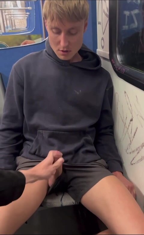 public handjob ends up with cum all over his body