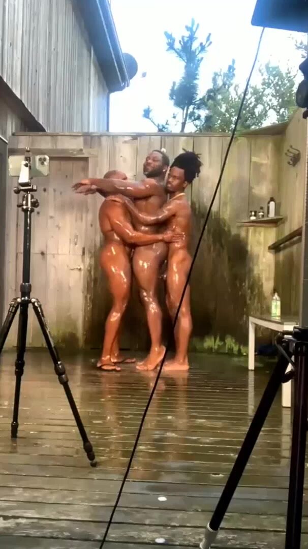 Black muscle men outdoor naked shower photoshoot