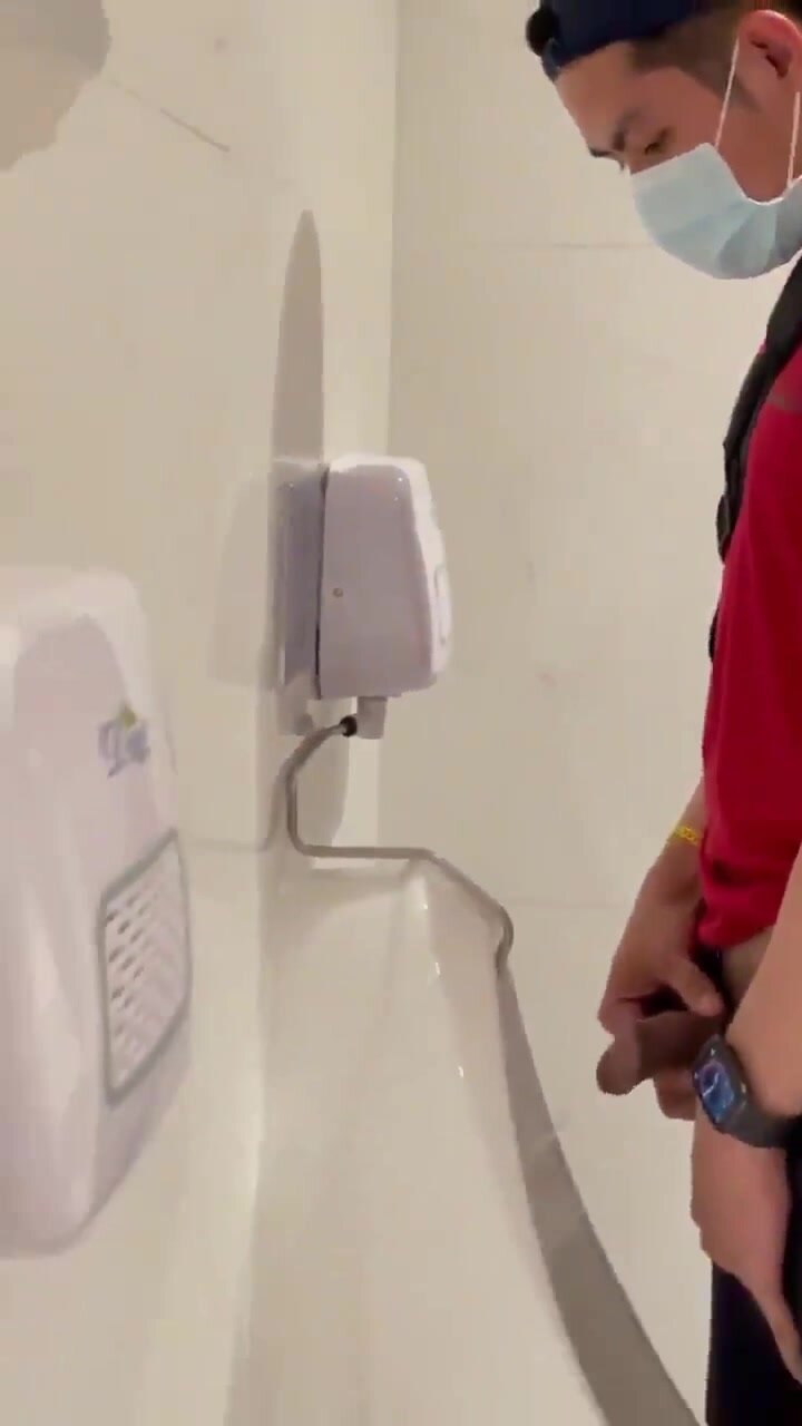 curious straight guy showing off cock at the urinal